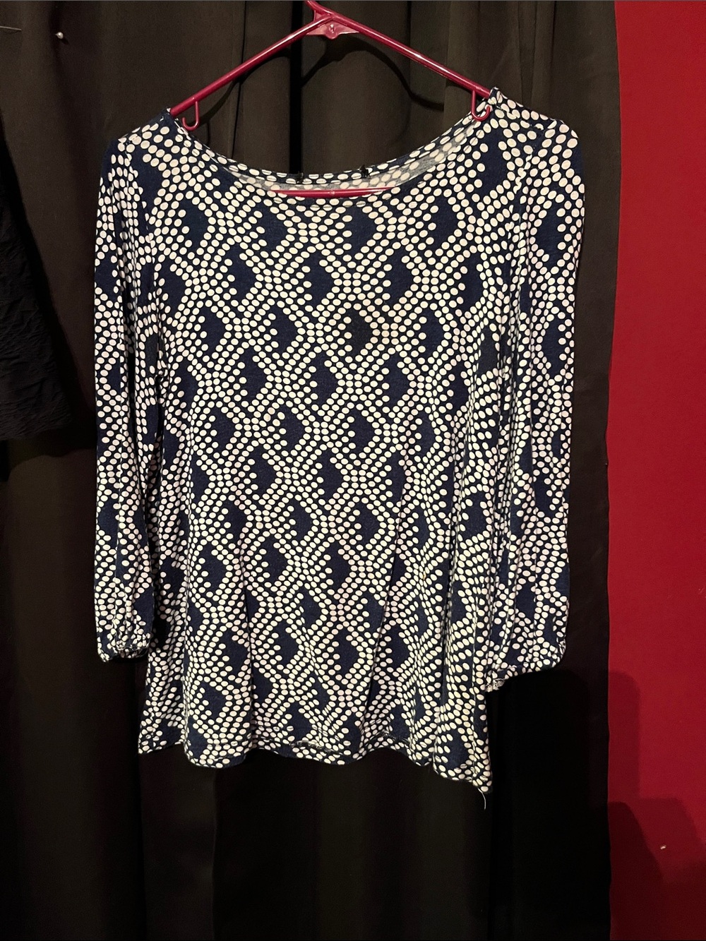 Women’s Navy and White Patterned Long-Sleeve Top